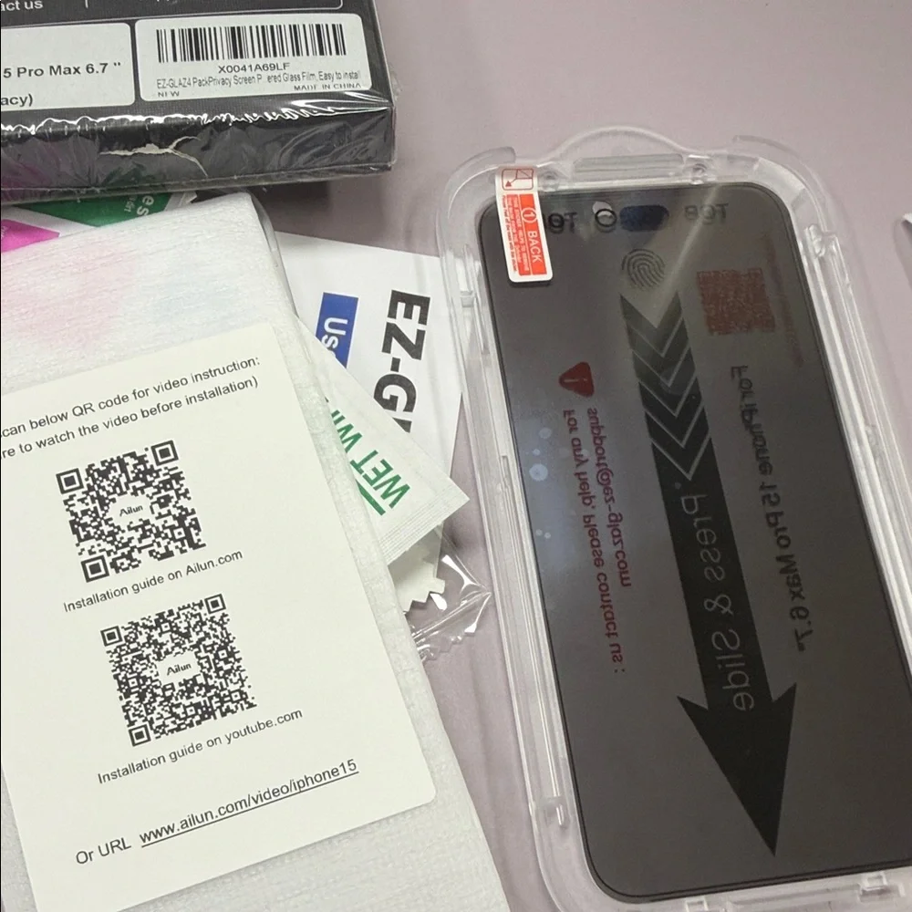 Set of 2. iPhone 15 Promax Privacy Screen protectors with installation kit.